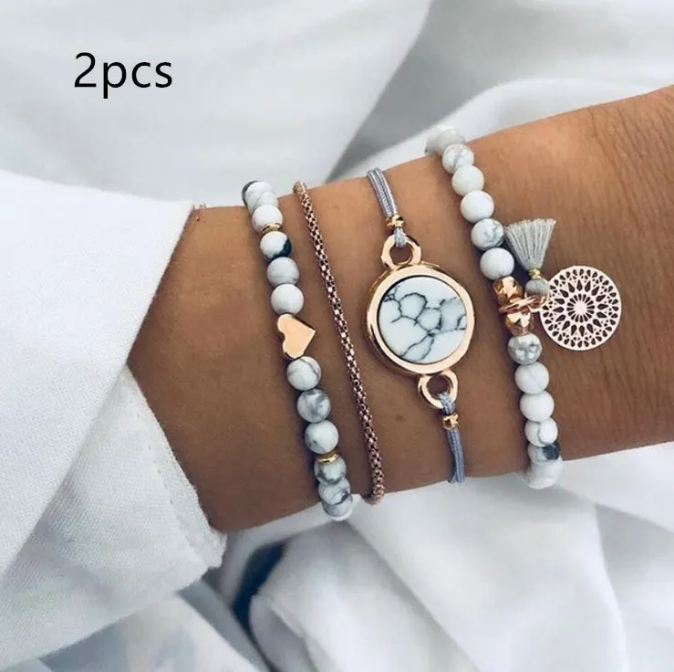 Geometric creative hollow fringed pine stone bracelet four-piece set in white alloy with electroplated finish
