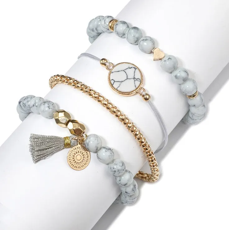 Geometric creative hollow fringed pine stone bracelet four-piece set in white alloy with electroplated finish