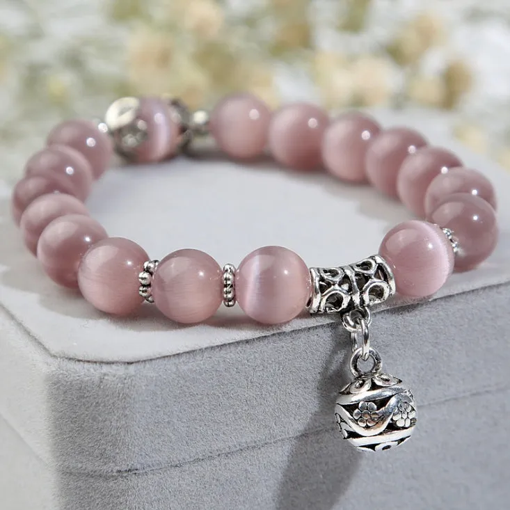 Natural opal beads charm bracelet with crystal accents on stainless steel chain, 17cm, in black colour