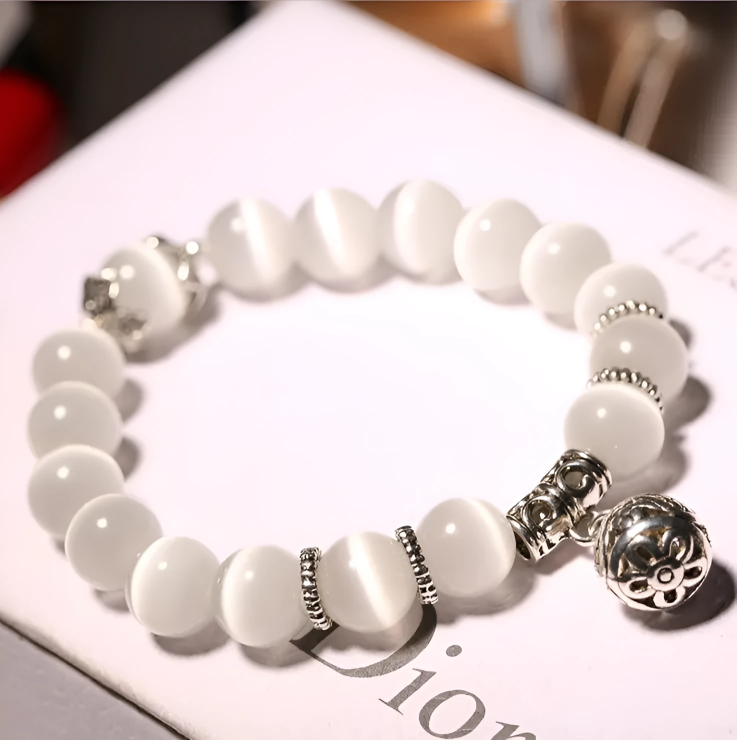 Natural opal beads charm bracelet with crystal accents on stainless steel chain, 17cm, in black colour