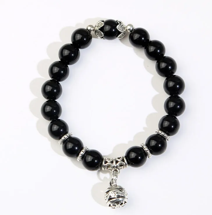 Natural opal beads charm bracelet with crystal accents on stainless steel chain, 17cm, in black colour