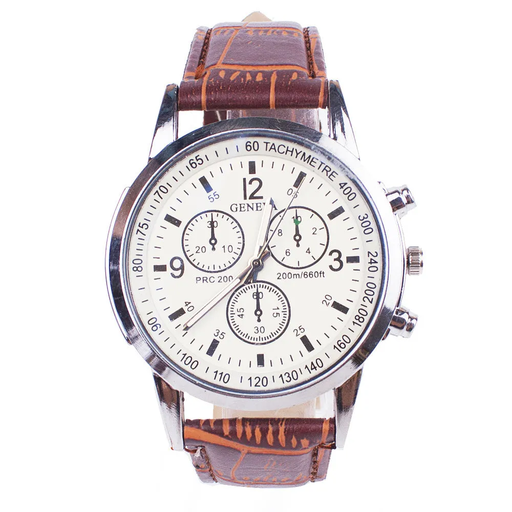 Men's blue light glass quartz wrist watch, 40mm round alloy case, black dial with brown strap
