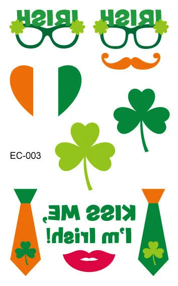 Single sheet of a green St. Patrick's Day clover temporary tattoo sticker, showing water-transfer paper backing.