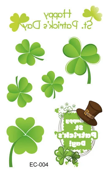 Single sheet of a green St. Patrick's Day clover temporary tattoo sticker, showing water-transfer paper backing.