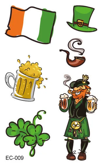 Single sheet of a green St. Patrick's Day clover temporary tattoo sticker, showing water-transfer paper backing.