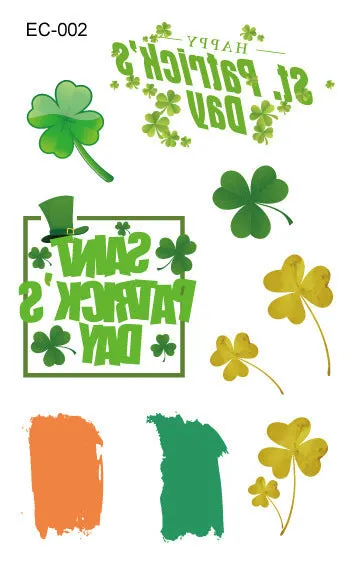 Single sheet of a green St. Patrick's Day clover temporary tattoo sticker, showing water-transfer paper backing.
