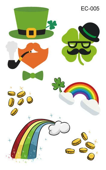 Single sheet of a green St. Patrick's Day clover temporary tattoo sticker, showing water-transfer paper backing.