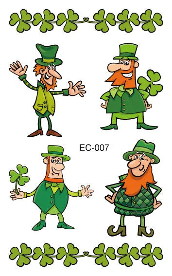 Single sheet of a green St. Patrick's Day clover temporary tattoo sticker, showing water-transfer paper backing.