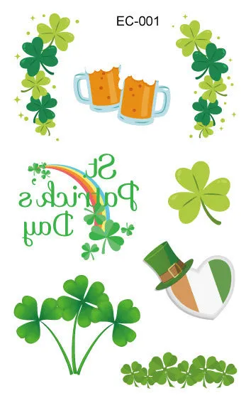 Single sheet of a green St. Patrick's Day clover temporary tattoo sticker, showing water-transfer paper backing.