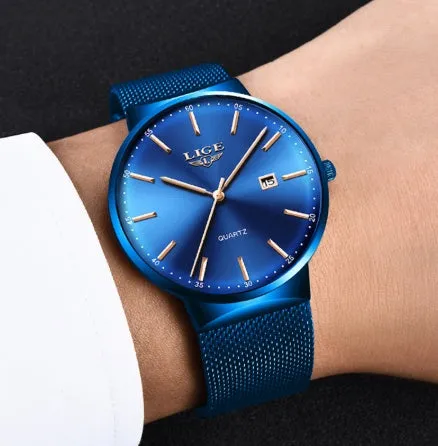 Men's stainless steel watch with 40mm dial, 10mm thin case, and black blue colour option on a light background