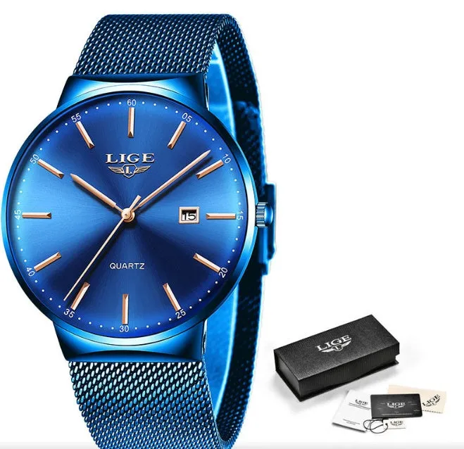 Men's stainless steel watch with 40mm dial, 10mm thin case, and black blue colour option on a light background