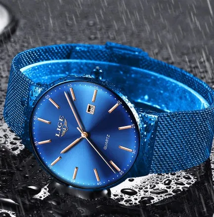 Men's stainless steel watch with 40mm dial, 10mm thin case, and black blue colour option on a light background