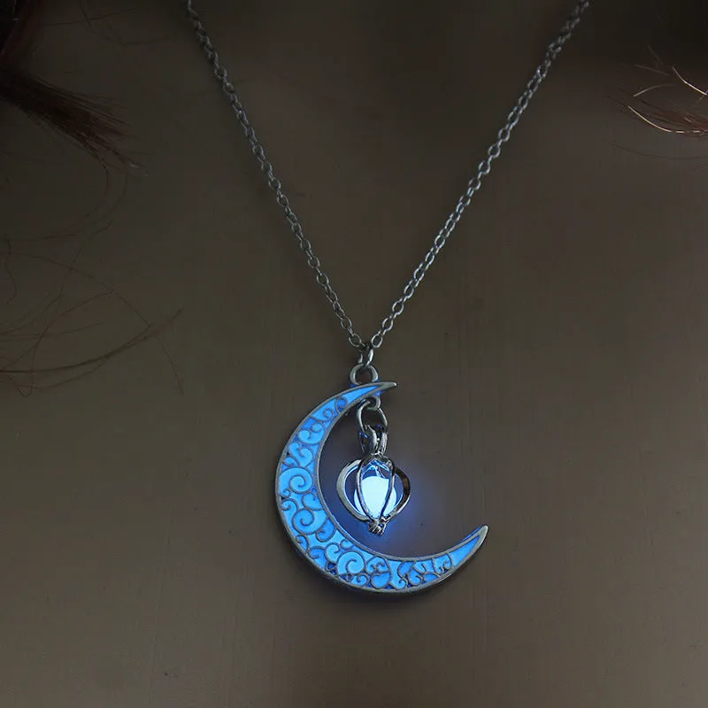Glowing pendant necklace with silver plated chain, 50 cm length, luminescent pendant in white K plating