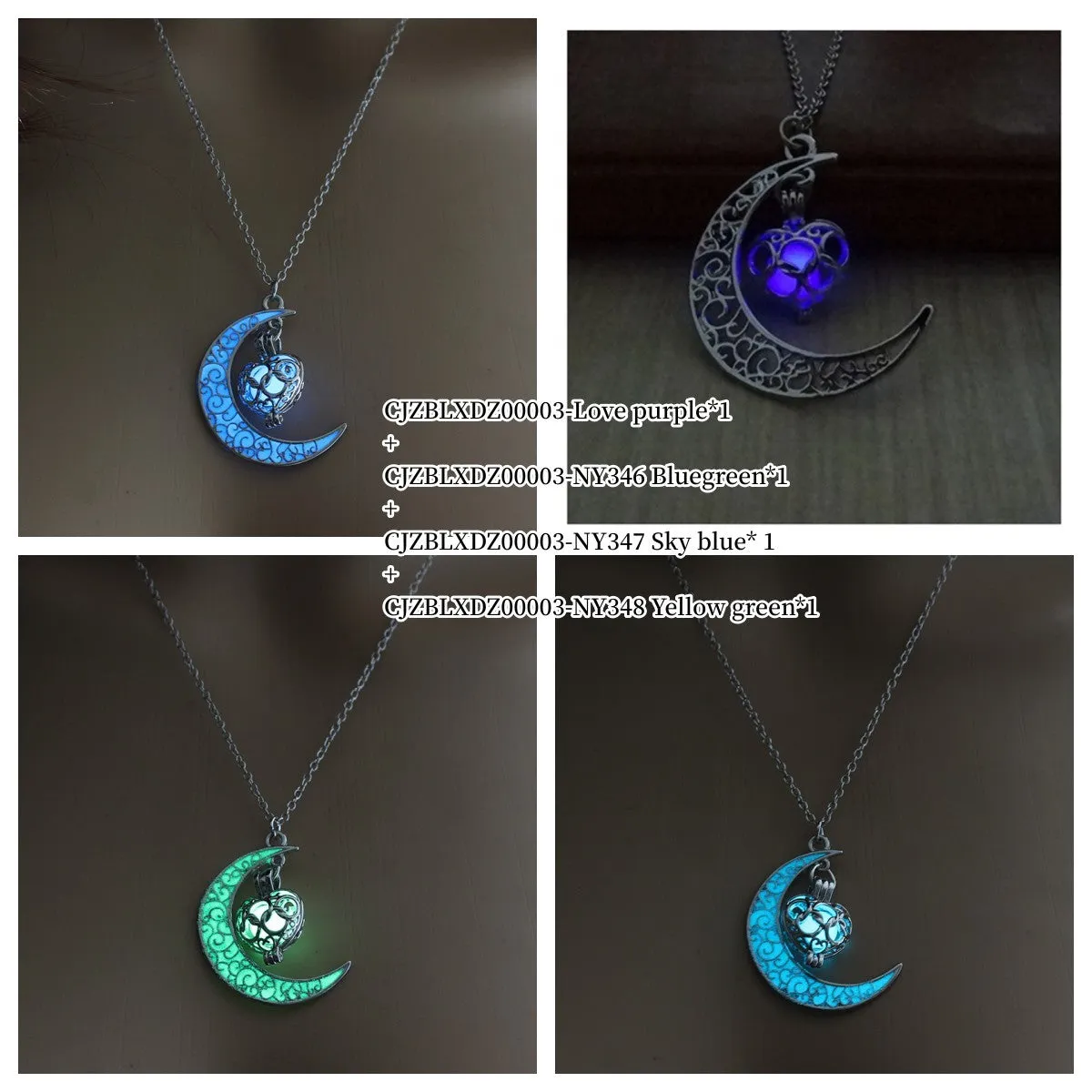 Glowing pendant necklace with silver plated chain, 50 cm length, luminescent pendant in white K plating