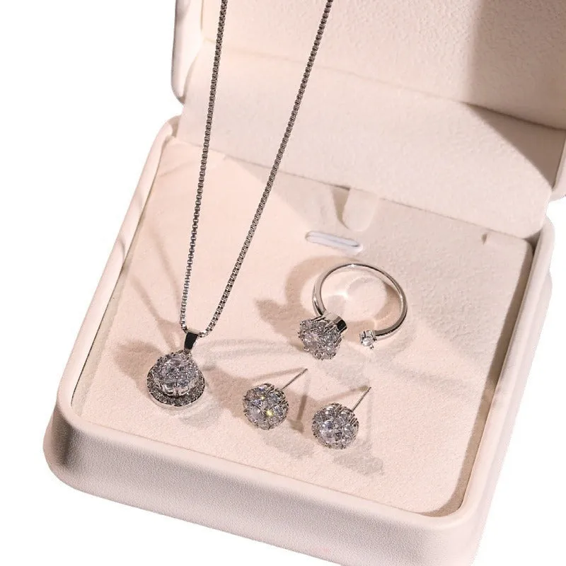 Zircon light luxury good luck rotating open rings ear studs necklace suit for women, copper and zircon, floral sun snowflake pattern