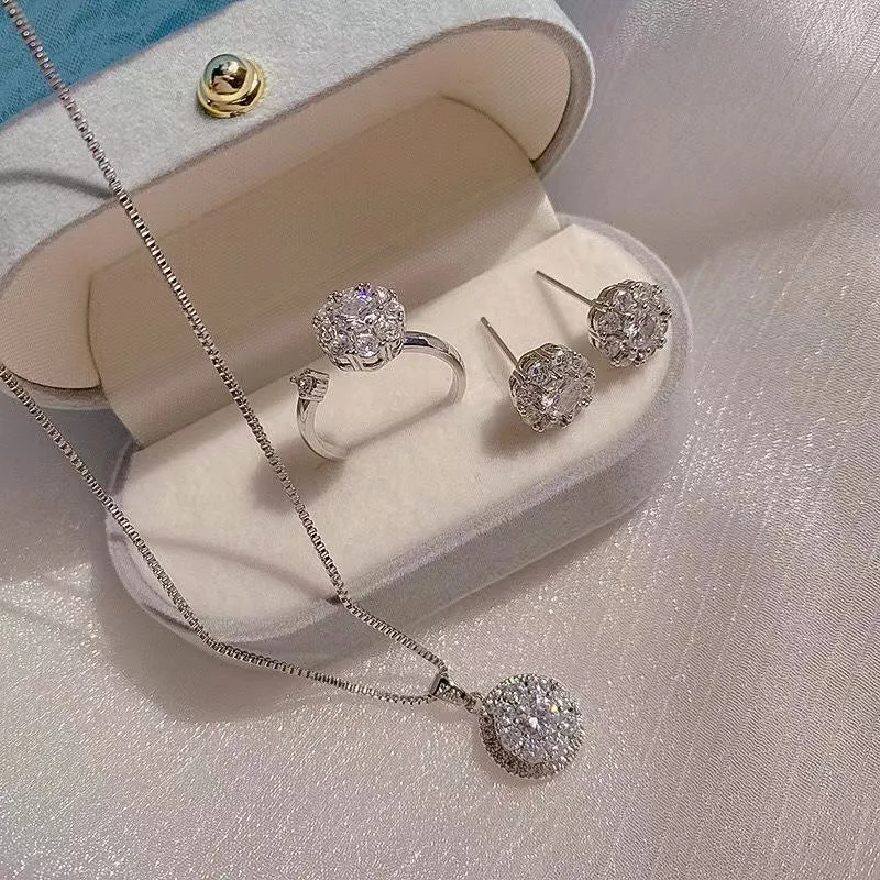 Zircon light luxury good luck rotating open rings ear studs necklace suit for women, copper and zircon, floral sun snowflake pattern