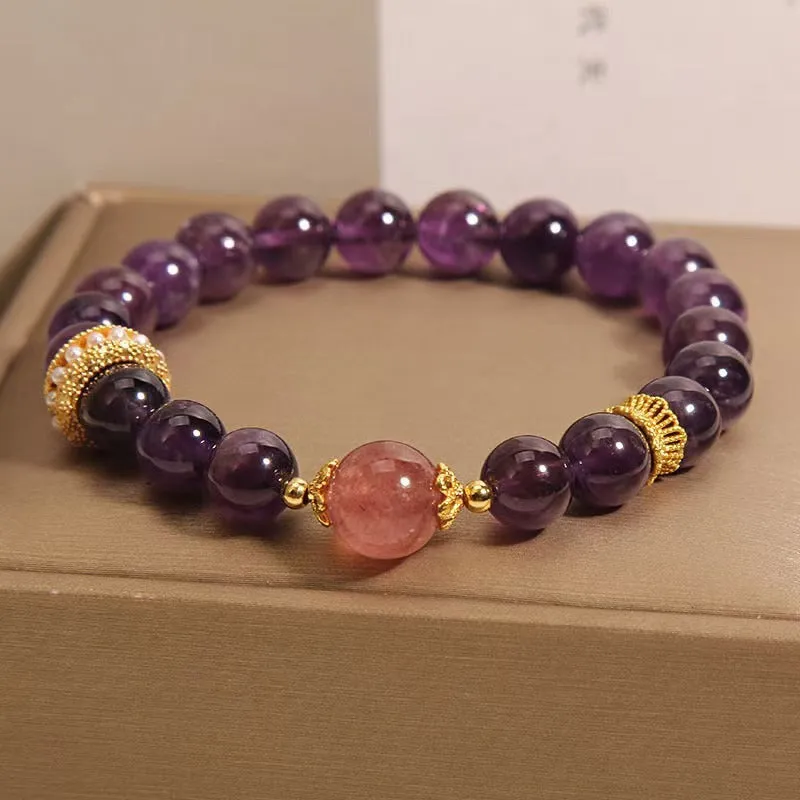 Women's natural amethyst and strawberry quartz bracelet with geometric garland design