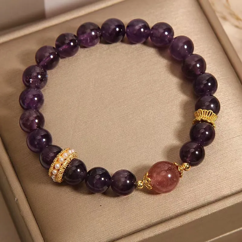 Women's natural amethyst and strawberry quartz bracelet with geometric garland design