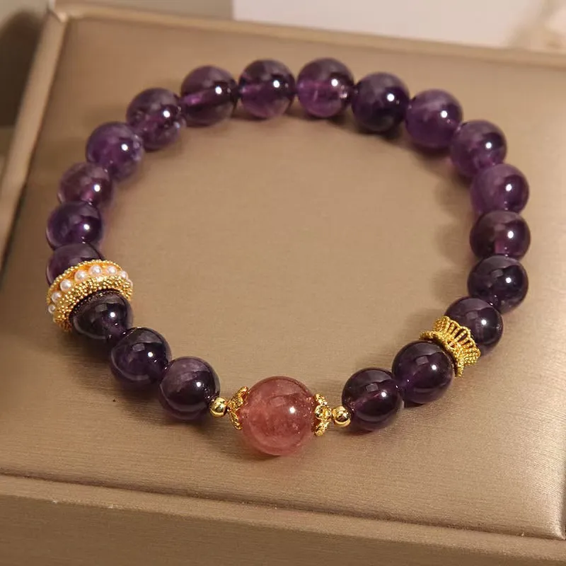 Women's natural amethyst and strawberry quartz bracelet with geometric garland design