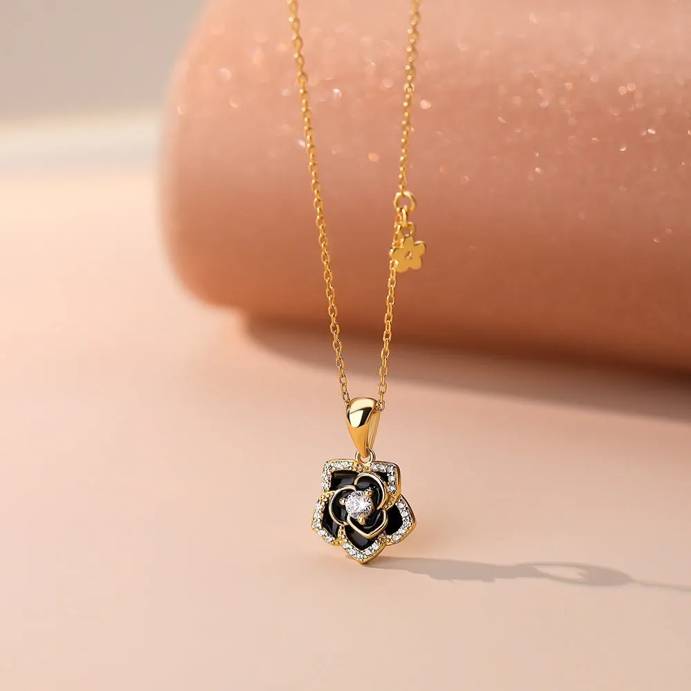 S925 sterling silver camellia necklace with zirconium inlay white gold finish on cross chain