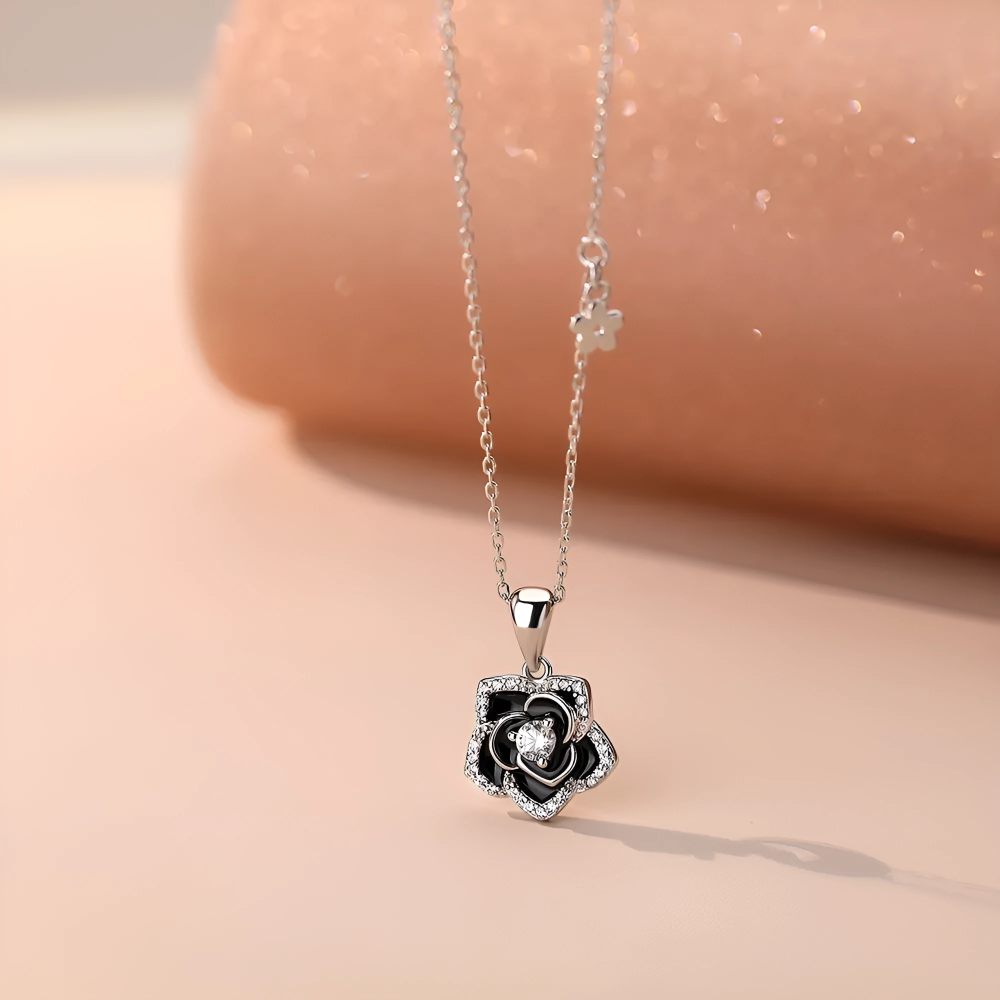 S925 sterling silver camellia necklace with zirconium inlay white gold finish on cross chain