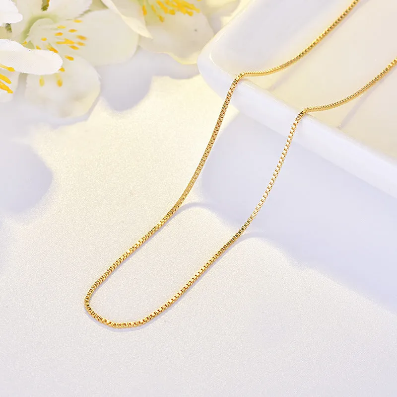 Copper box chain necklace with gold electroplating, 1mm width, 45cm length, geometric quadrilateral pendant