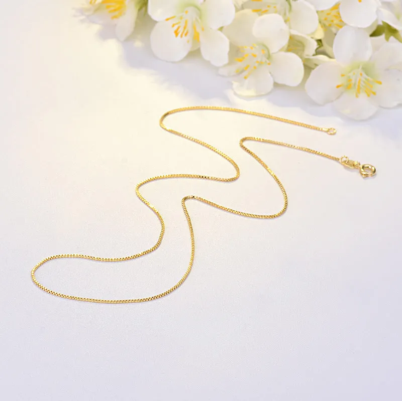Copper box chain necklace with gold electroplating, 1mm width, 45cm length, geometric quadrilateral pendant