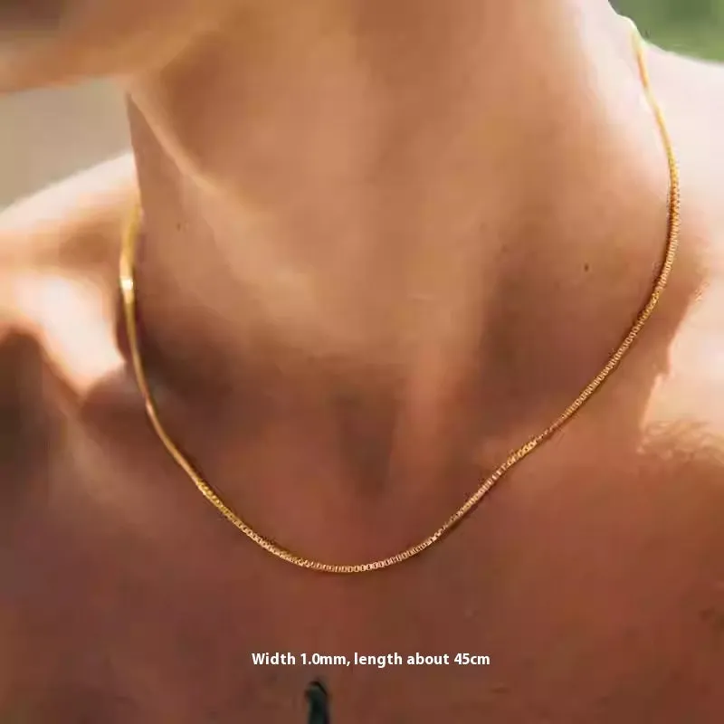 Copper box chain necklace with gold electroplating, 1mm width, 45cm length, geometric quadrilateral pendant