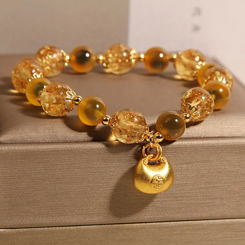 Natural yellow sugar heart agate crystal bracelet with luminous coloured glass beads for women
