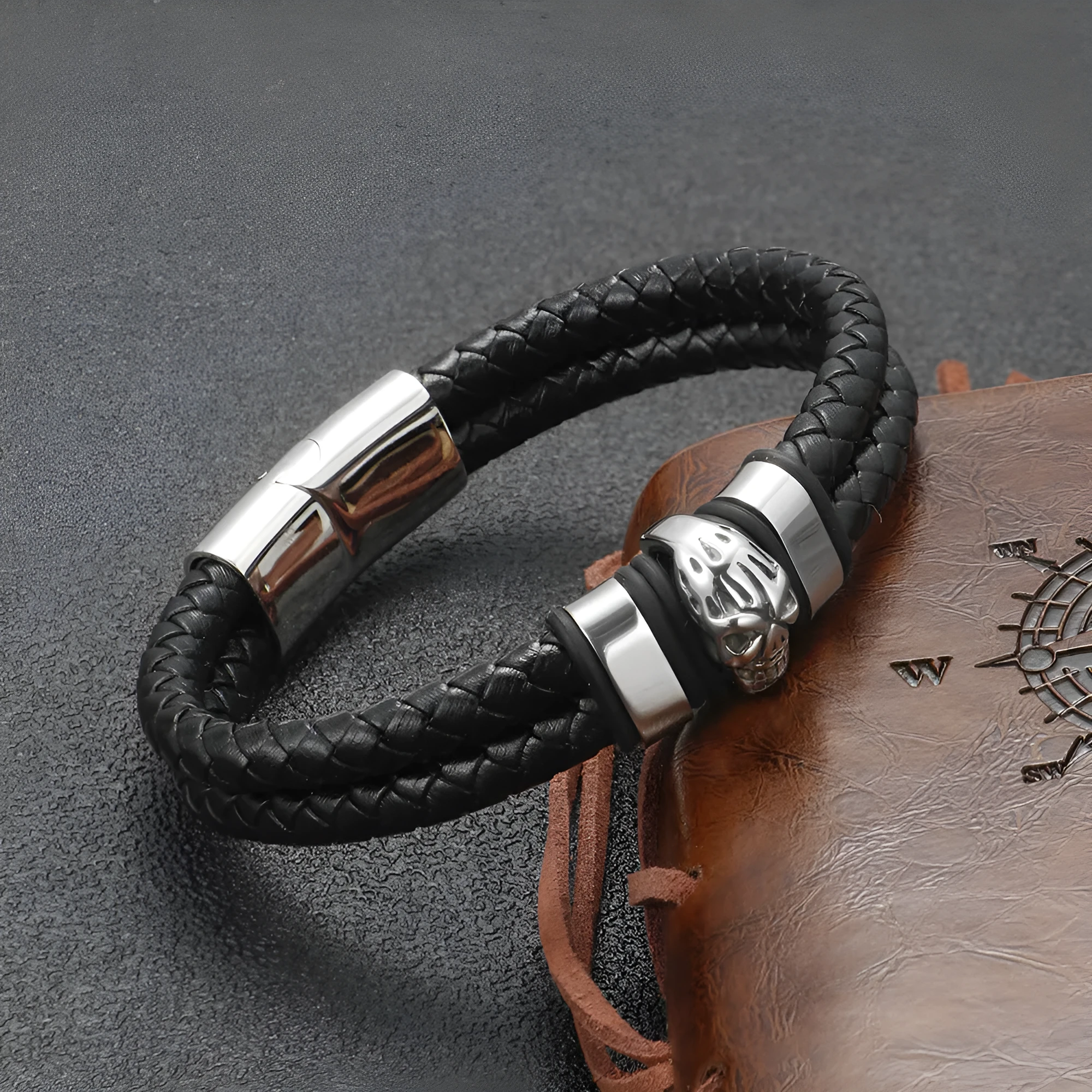 Silver titanium steel skull bracelet for men with geometric ornament in vintage punk style