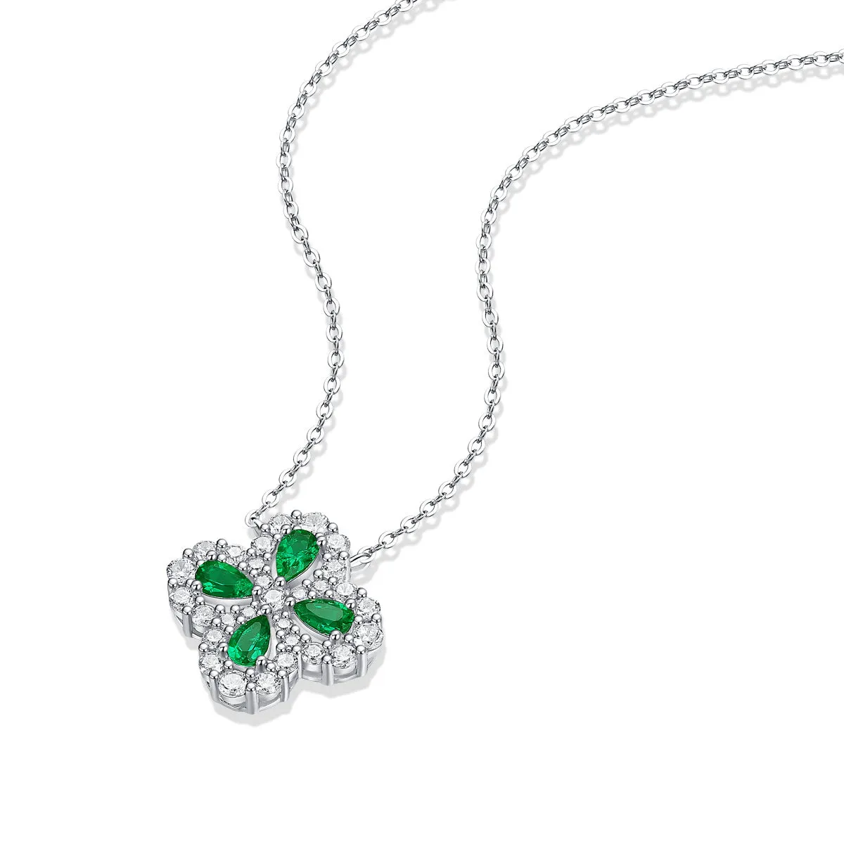 925 silver flower pendant necklace with emerald colour cubic zirconia ball bead chain