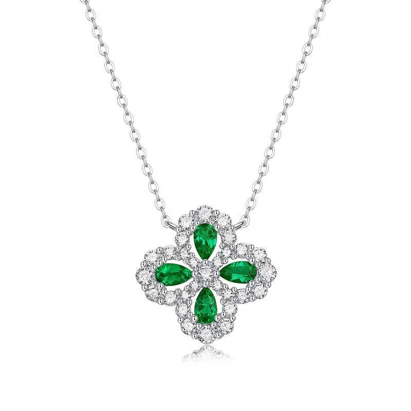 925 silver flower pendant necklace with emerald colour cubic zirconia ball bead chain