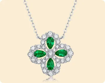 925 silver flower pendant necklace with emerald colour cubic zirconia ball bead chain