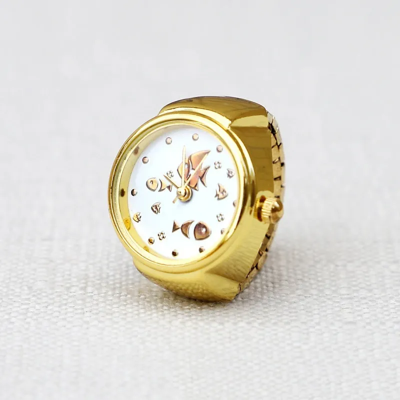 Gold alloy watch appearance ring with 8mm thickness, pattern options include butterfly, cat, crown, iron tower, lotus, meteor, small fish