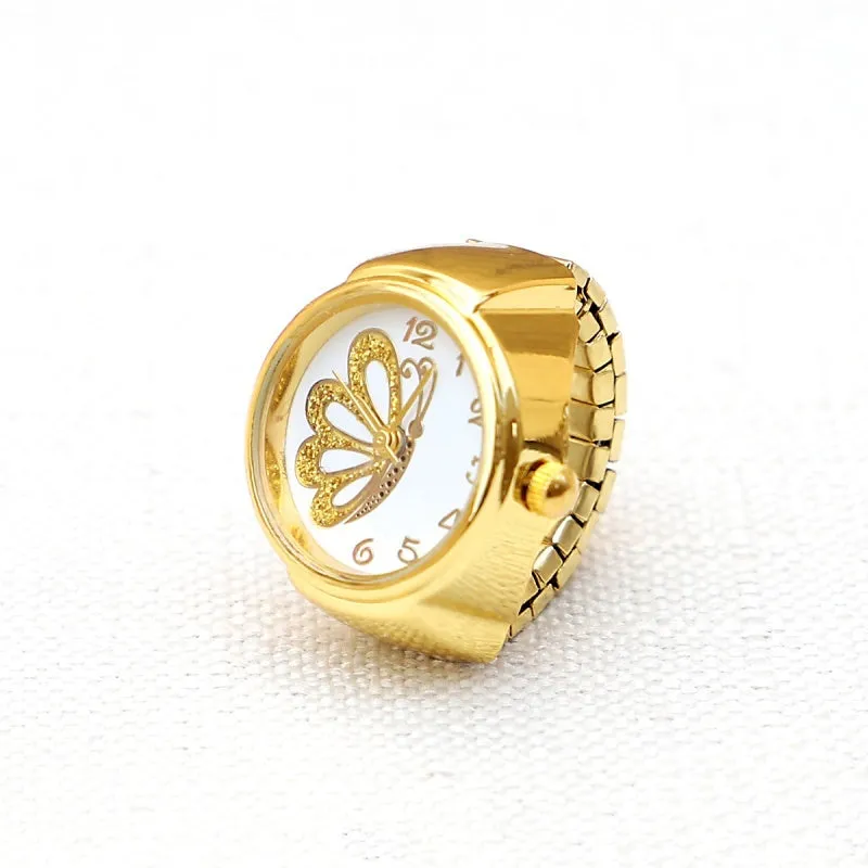 Gold alloy watch appearance ring with 8mm thickness, pattern options include butterfly, cat, crown, iron tower, lotus, meteor, small fish
