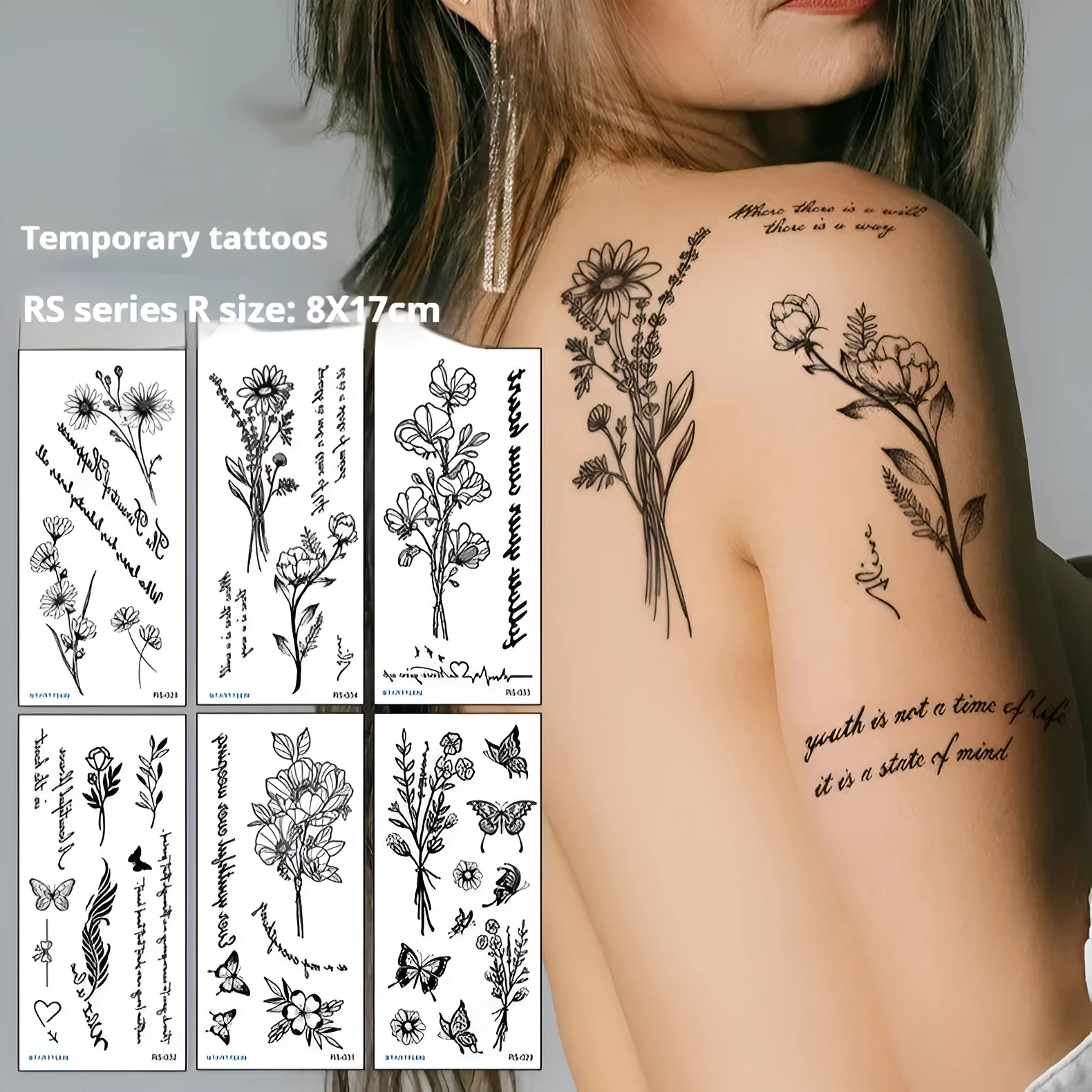 Creative Home flowers and plants tattoo sticker water transfer print half-handmade semi-mechanical 6x17cm decal on skin
