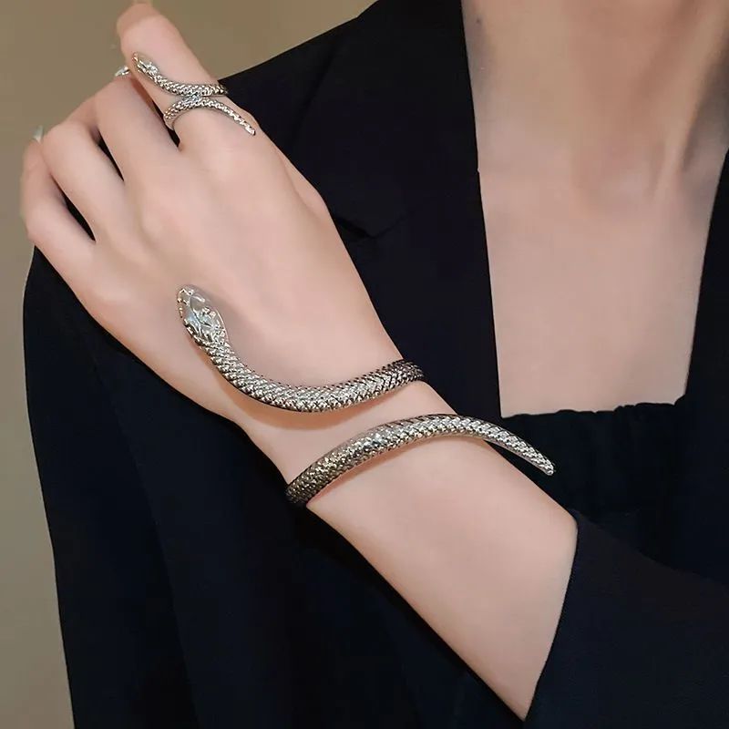 Gold and silver exaggerated twisted snake design metal ring and bracelet jewellery set