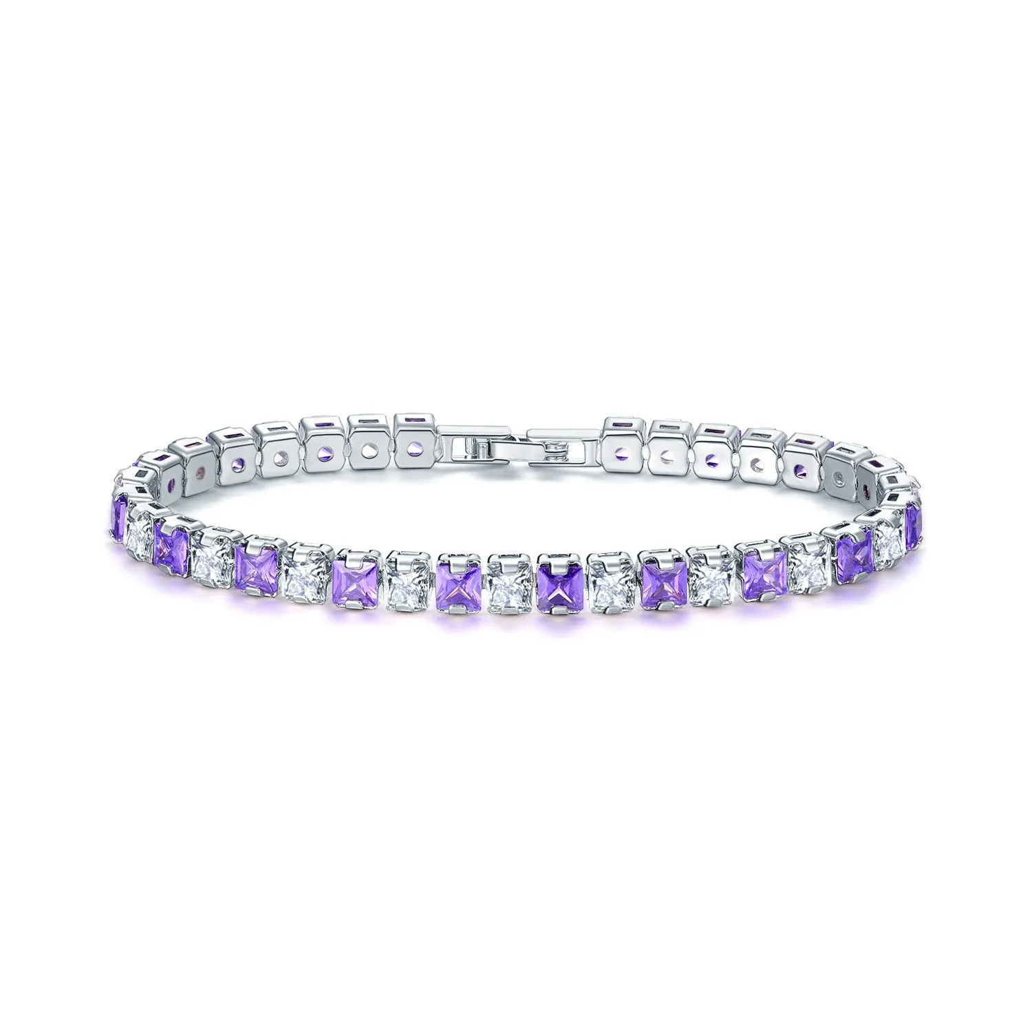 Square geometric zircon bracelet for women with electroplated platinum finish.