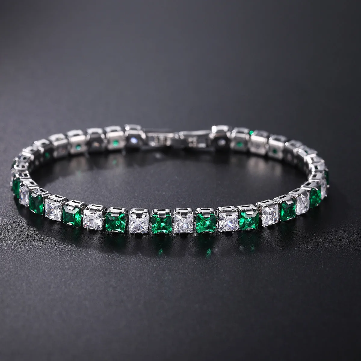 Square geometric zircon bracelet for women with electroplated platinum finish.