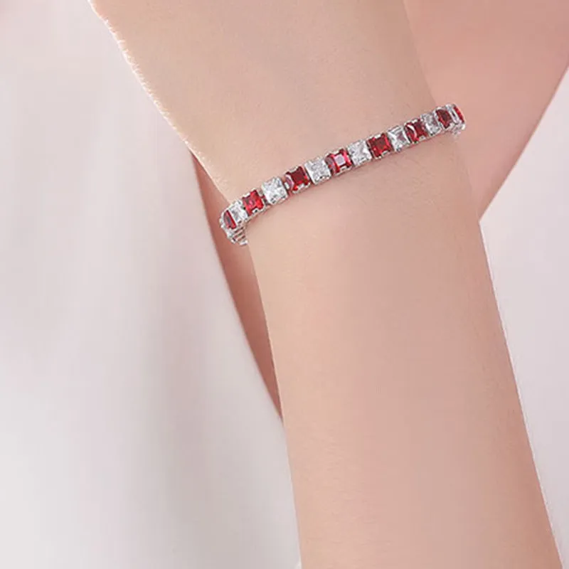 Square geometric zircon bracelet for women with electroplated platinum finish.