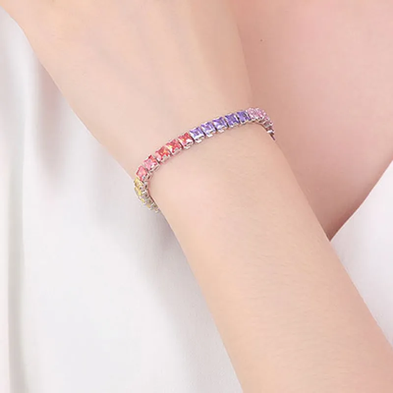 Square geometric zircon bracelet for women with electroplated platinum finish.