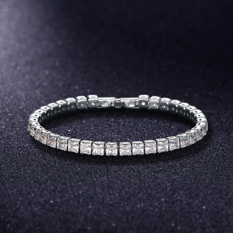 Square geometric zircon bracelet for women with electroplated platinum finish.
