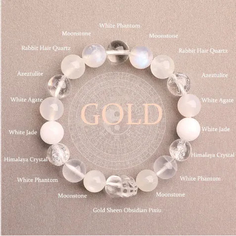 Five Elements crystal bracelet with green strawberry quartz beads in 10mm size, auspicious patterns, on white background