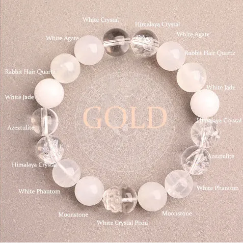 Five Elements crystal bracelet with green strawberry quartz beads in 10mm size, auspicious patterns, on white background