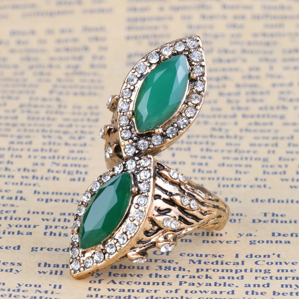 Bohemian retro gold-plated ladies ring with ruby and emerald artificial gemstone, geometric alloy band, sized No 7-10