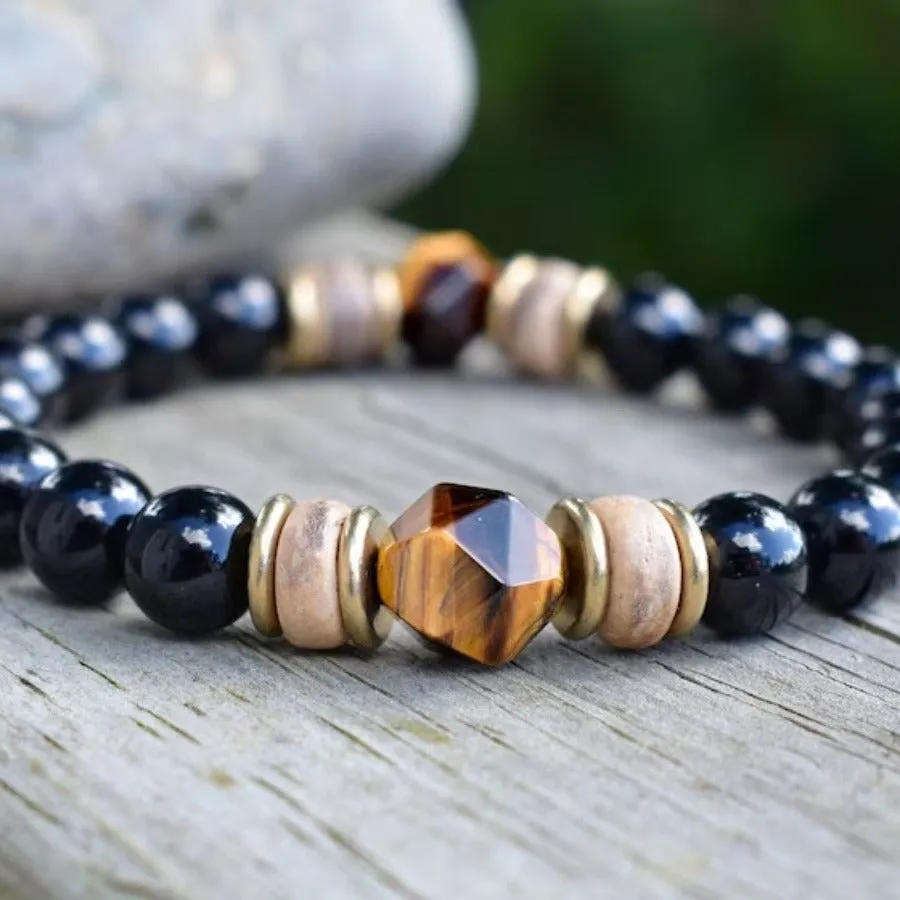 Natural obsidian bracelet with 8mm tigereye cut black beads, unisex hand-assembled design