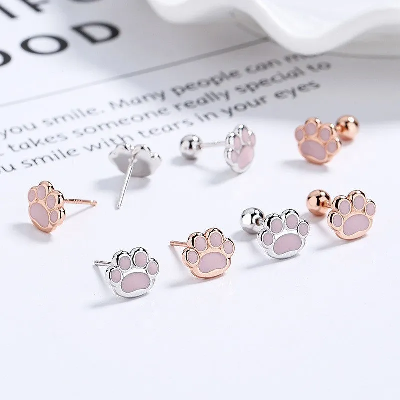 925 sterling silver cat's paw geometric stud earrings with rose gold electroplated colour, earplug style