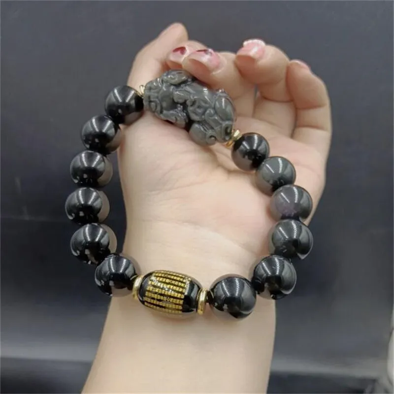Natural ice obsidian bracelet with smooth polished beads and Heart Sutra engraving, 10mm size