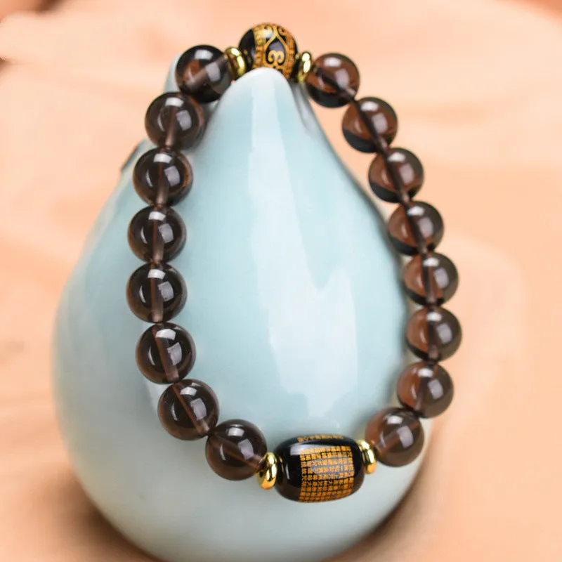 Natural ice obsidian bracelet with smooth polished beads and Heart Sutra engraving, 10mm size