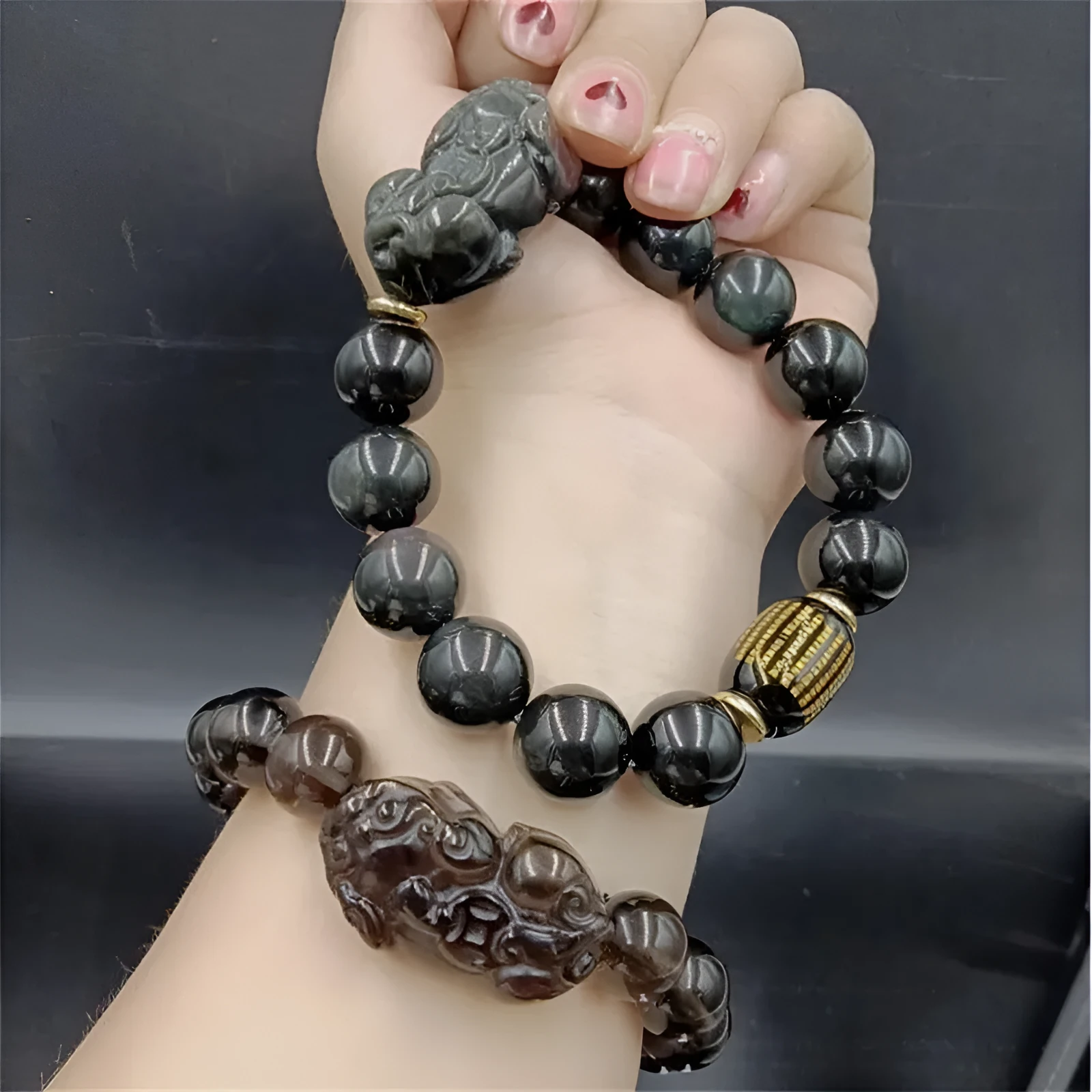 Natural ice obsidian bracelet with smooth polished beads and Heart Sutra engraving, 10mm size